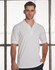 A man models a short-sleeved white polo shirt with a collar and logo on the chest.