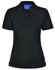 A ladies' black polo shirt featuring a classic collar and short sleeves, with a logo on the neck.