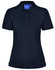 A black ladies' polo shirt with a classic collar and short sleeves, featuring a branded label.