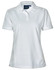 A white ladies' polo shirt with a collar and short sleeves, featuring a logo on the chest.