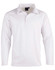A long-sleeve white cricket polo shirt with a collar and a branding logo.