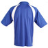 A blue men's polo shirt featuring white side panels and a collar. The shirt has a logo on it.