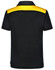 A children's polo shirt featuring a black body with a yellow upper back, including a logo on the front.