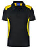 A black polo shirt with yellow side panels and a collar, featuring a logo on the chest.