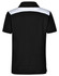 A children's polo shirt in black with a white panel across the shoulders. Features a logo on the front.