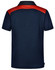 A navy polo shirt with a red shoulder design and a logo on the back. Suitable for children's wear.
