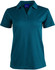 A teal short sleeve polo shirt with a collar and three button placket, featuring a branding logo.