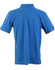 A blue men's polo shirt with a collar and short sleeves, featuring a logo on the back.