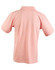 A pink men's polo shirt featuring short sleeves and a classic collar, with a branding logo on the back.