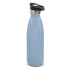 A drink bottle with a sleek light blue powder-coated finish and a push-button lid. It features a logo.