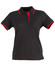 A black polo shirt with red collar and sleeve detailing, featuring a logo on the chest area.