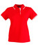 A red ladies' polo shirt with a collar and white trim, featuring a small logo on the chest.