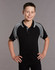 A black kids' polo shirt with grey accents and a logo, featuring a short collar and short sleeves.