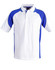 A kids' polo shirt in white with blue raglan sleeves and a collar. It features a logo on the chest.