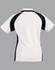 A white and navy polo shirt with a sporty design and a logo on the back.