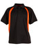 A black polo shirt featuring orange side panels and a collar, with a logo on the front.
