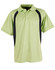 A green polo shirt with black side panels, featuring a collar and short sleeves, includes a logo on the chest.