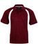 A maroon polo shirt with white side panels and a collar, featuring a logo on the front.