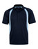 A navy blue polo shirt with light blue side panels and a collar, featuring a logo on the chest.