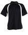 A black polo shirt with white side accents and a collar, featuring buttons and short sleeves.