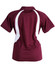 A maroon polo shirt featuring white accent panels and a collar. The shirt has a logo on the back.