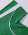 A green polo shirt with a white stripe along the shoulder and collar. It features a logo on the fabric.