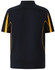 A navy blue polo shirt with yellow accents, featuring a collar and short sleeves. It has a logo on it.