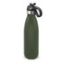 A drink bottle in matte olive green with a flip lid and black handle, featuring a logo on the body.