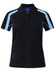 A dark navy short sleeve polo shirt with light blue accents and a collar. It features a logo on the chest.