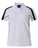 A white polo shirt with black accents and a collar, featuring a logo on the front.