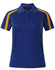 A blue and yellow women's short-sleeve sport polo shirt with a collar and a logo.