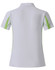 A white polo shirt with green accents, featuring a collar and short sleeves, has a logo on it.