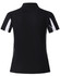 A black short sleeve polo shirt with white accents and a logo on the front.