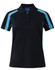 A black polo shirt with turquoise accents and short sleeves, featuring a logo on the collar.