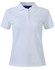 A white ladies cotton stretch polo shirt with a collar and a three-button placket. Features a logo on the chest.
