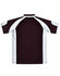 A brown and white polo shirt featuring a logo, with contrasting panels on the shoulders and sleeves.