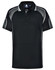 A black polo shirt with grey accents and a logo, featuring a classic collar and short sleeves.