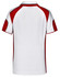 A polo shirt featuring a white base with red accents and a logo on the back.
