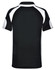 A black polo shirt with white accents and a logo on the back.