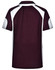 A maroon and white polo shirt featuring a logo on the back and contrast panel details.