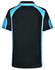 A black polo shirt with turquoise accents and a logo on the back.