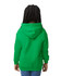 A green Gildan Heavy Blend youth hooded sweatshirt, featuring a hood and long sleeves, viewed from the back.
