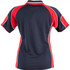 A ladies' polo shirt featuring a navy body with red and white accent panels and a logo.