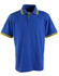 A blue polo shirt featuring yellow striped detailing on the collar and sleeves, with a logo on the chest.