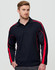 A long sleeve men's polo shirt in black with red accents and a logo.