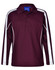 A maroon long sleeve polo shirt featuring white side stripes and a collar, with a logo on the chest.