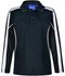 A black long sleeve polo shirt with white side stripes and a collar. Features a logo on the upper section.