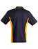 A navy and yellow Men's TrueDry Contrast short-sleeve polo shirt with a branding logo on the back.