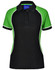 A women's polo shirt featuring a black body with green sleeves and white detailing. It has a collar and a logo.