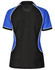 A tri-colour short-sleeve polo shirt featuring black, blue, and white accents, with a logo on the upper back.